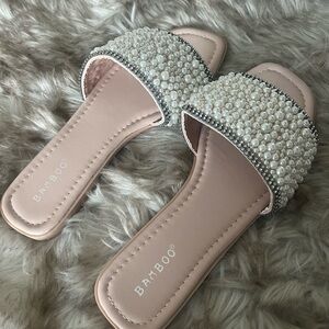 BAMBOO Pink and White Crystal Embellished Sandals